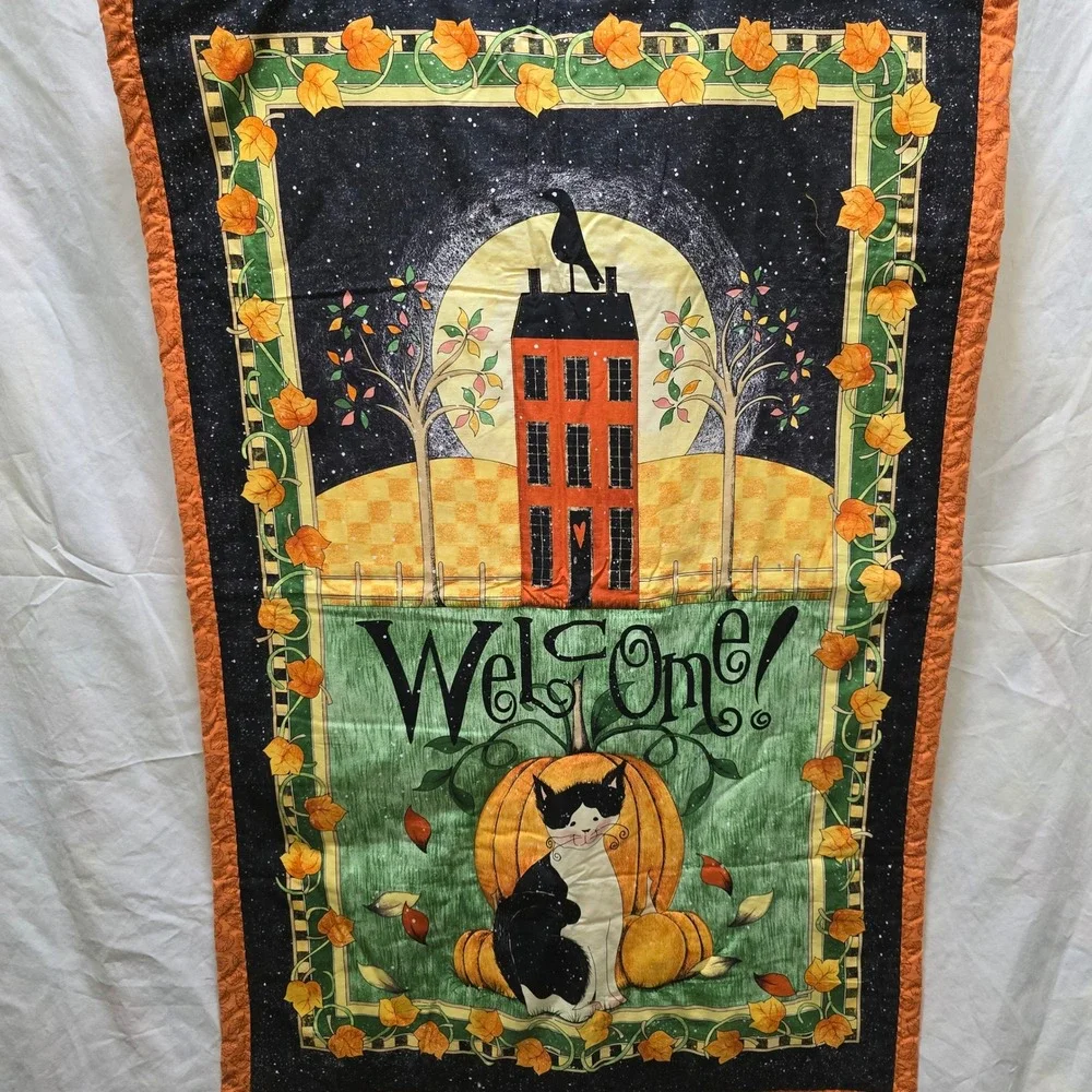 Handmade Halloween Welcome Banner Quilt Cat Pumpkin Crow House Fall Autumn Decor